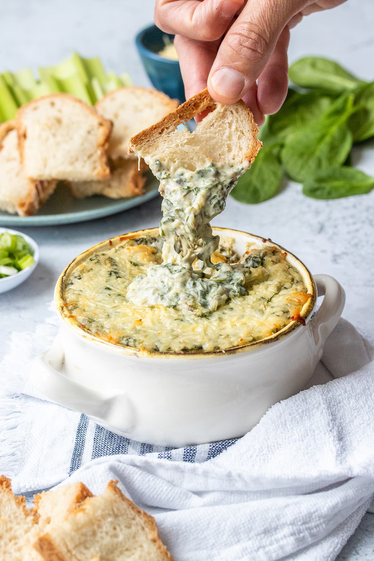 A hand dipping a piece of toasted bread into a baked spinach dip in a white casserole bowl.