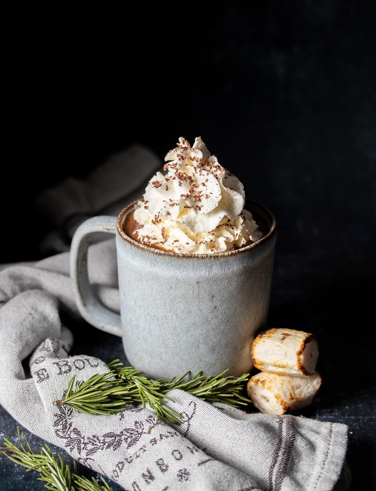 Grey mug with a grey napkin with writing wrapped around it filled with hot cocoa and topped with whipped cream next to burnt marshmallows.